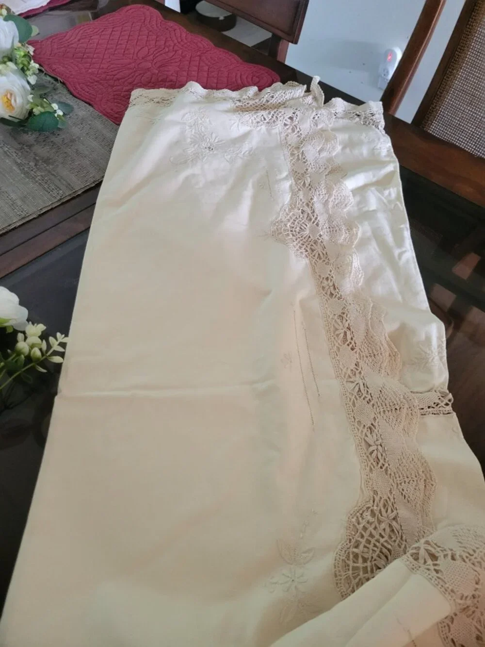 Vintage Cream Tablecloth with Embroidery and Crocheted Areas